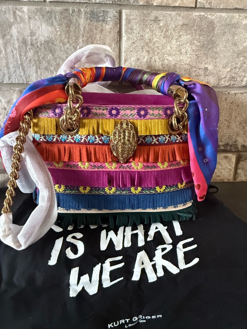 Kurt Geiger Multicolor Fringe Satchel with Gold Chain & Scarf